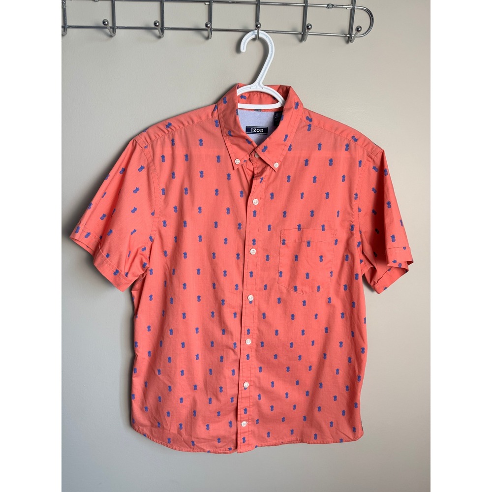 IZOD Mens Pink Pineapple Short Sleeve Button Down Shirt Size M Tropical Preppy